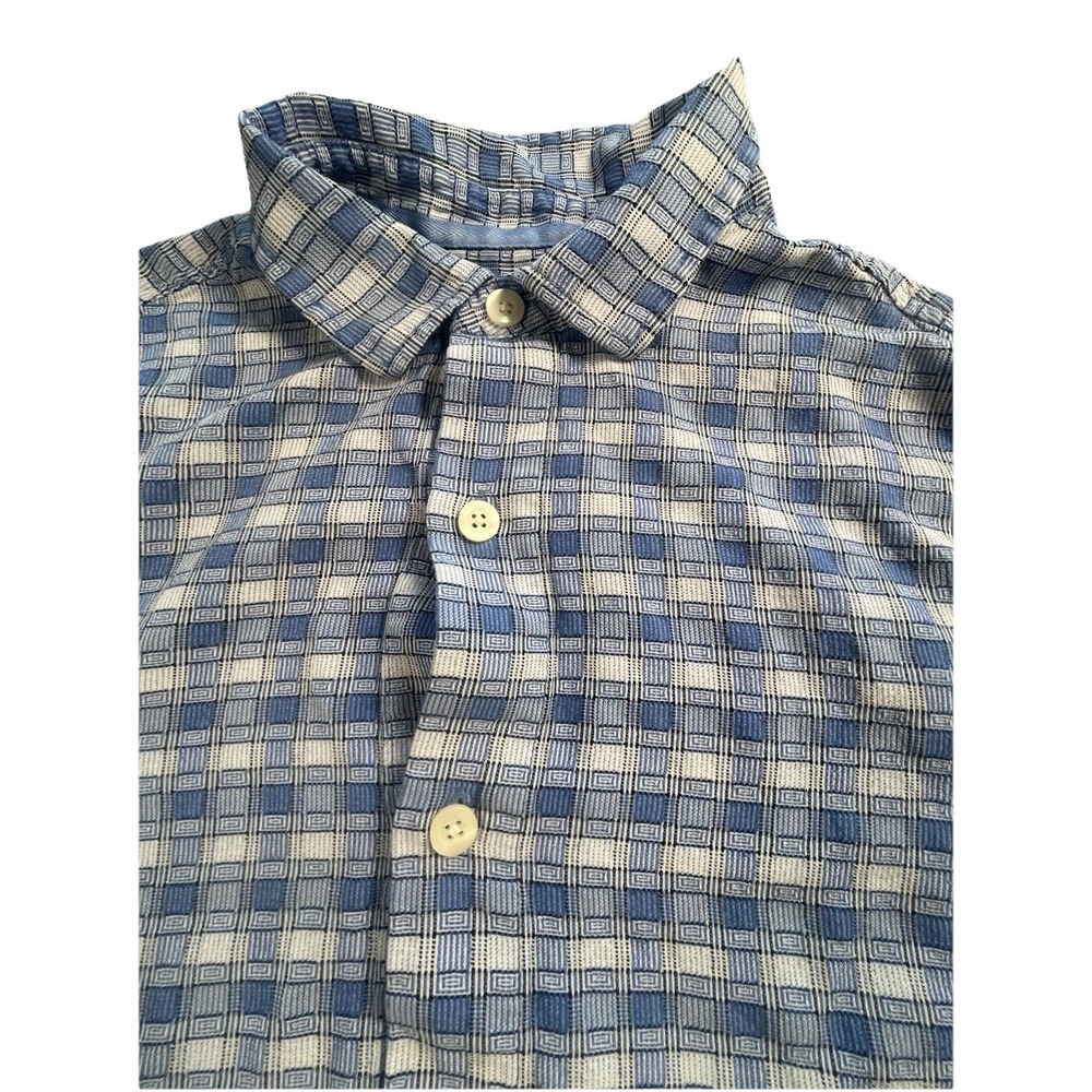 TOMMY BAHAMA 100% Silk Short Sleeve Shirt Blue White Geometric Men's Large L